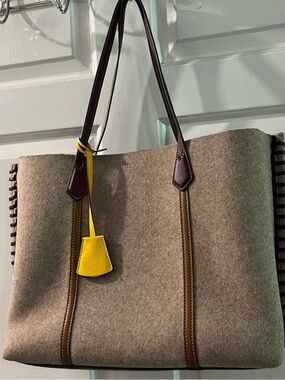 Tory Burch Taupe Wool-Blend Tote with Brown Trim and Yellow Tag